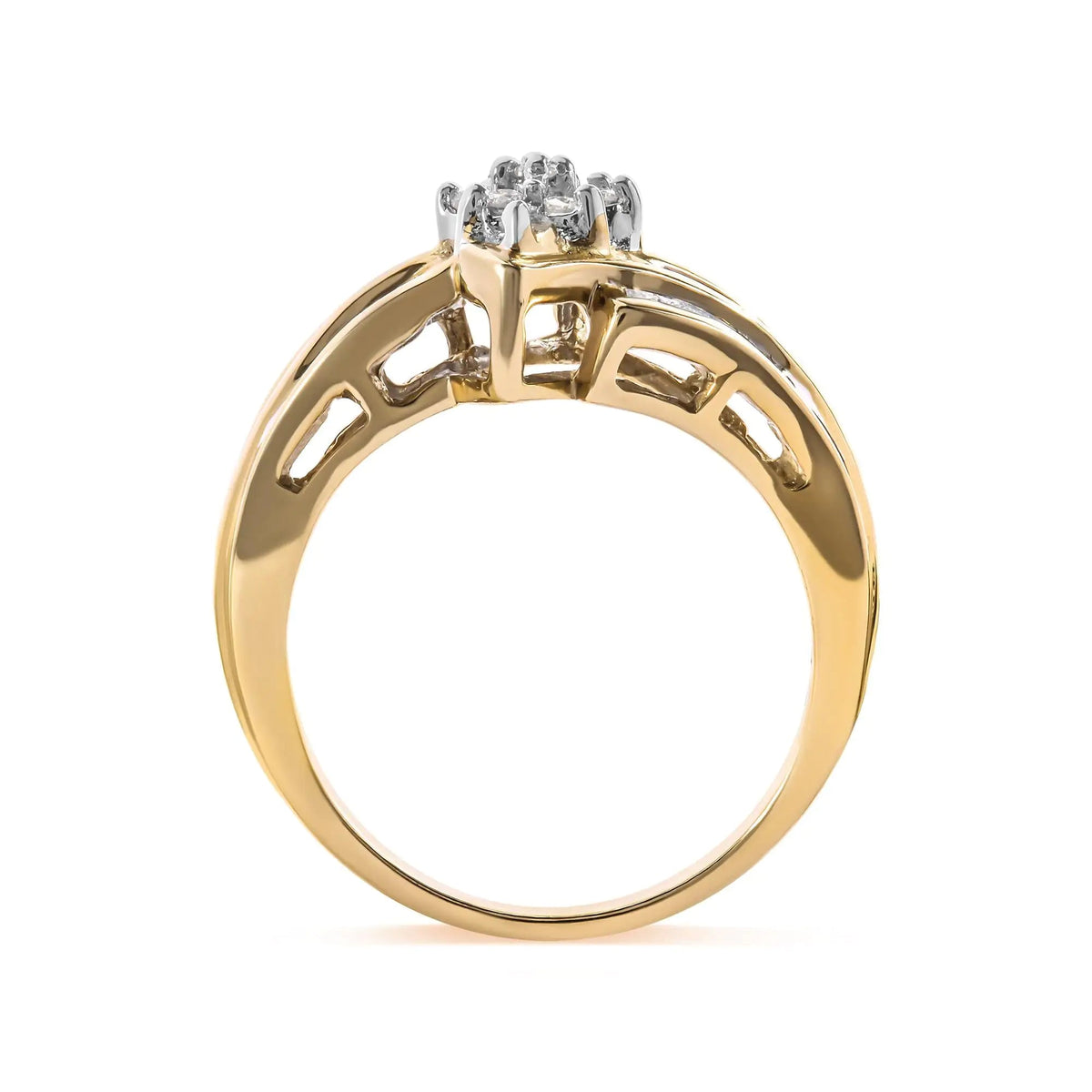 10K Yellow Gold 1/2 Cttw Round And Baguette - cut Diamond Cluster Head and Channel Set Shank Ring (H - I Color, I1 - I2 Clarity) - Rieworkes