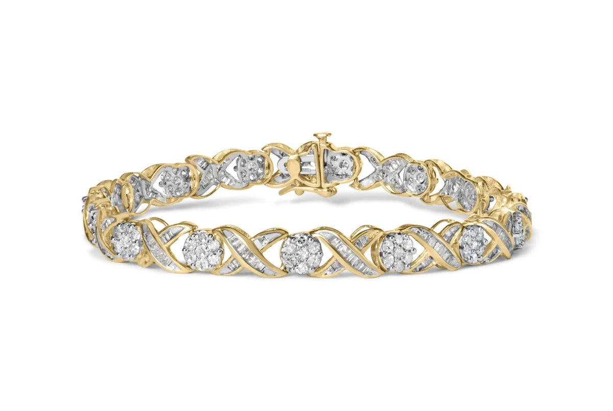 10K Yellow Gold 3.00 Cttw Round - Cut and Baguette - Cut Diamond &#39;XOXO&#39; Floral Design 7.50&quot; Bracelet (J - K Color, I1 - I2 Clarity) - Rieworkes