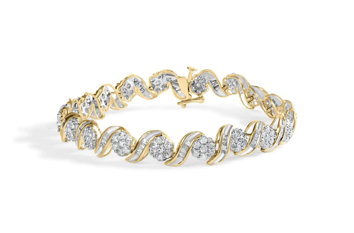 10K Yellow Gold 4.00 Cttw Diamond Floral Design Spiral Link 7.50&quot; Bracelet (I - J Color, I2 - I3 Clarity) - Rieworkes