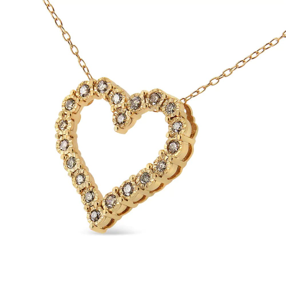 10K Yellow Gold Flashed .925 Sterling Silver 1/2 Cttw Champagne Diamond Miracle Plate Heart Pendant Necklace (K - L Color, I1 - I2 Clarity) - 18&quot; - Rieworkes