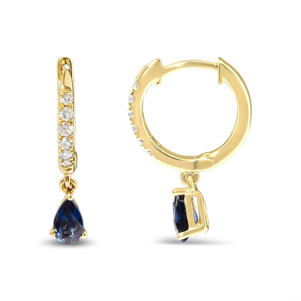 10K Yellow Gold Pear Blue Sapphire and 1/10 Cttw Diamond Drop and Dangle Huggy Hoop Earrings (H - I Color, I1 - I2 Clarity) - Rieworkes