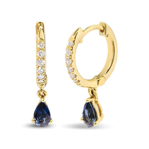 10K Yellow Gold Pear Blue Sapphire and 1/10 Cttw Diamond Drop and Dangle Huggy Hoop Earrings (H - I Color, I1 - I2 Clarity) - Rieworkes