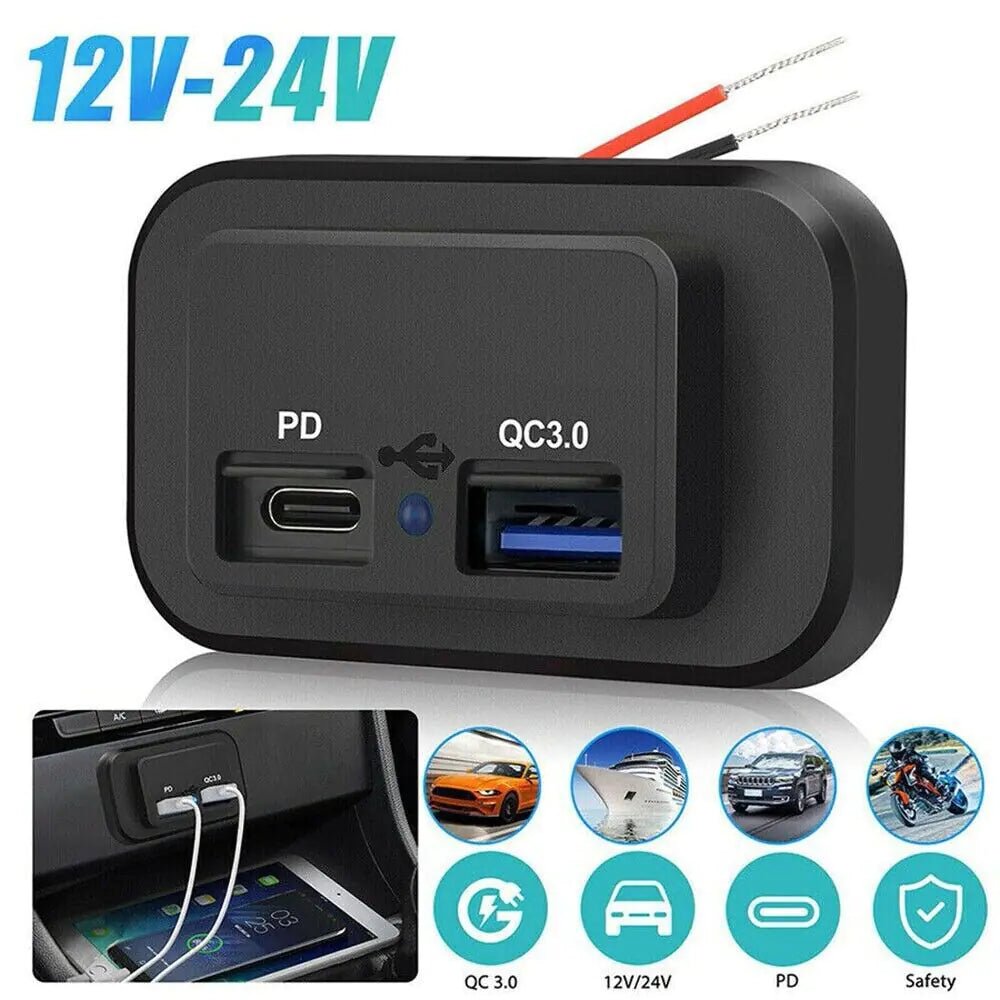 12 - 24V 4.8A Dual USB PD QC3.0 Car Boat RV Fast Charger Socket LED Power Outlet - Rieworkes