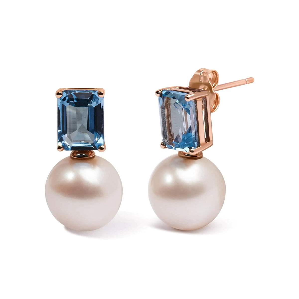 14K Rose Gold 10MM Cultured Freshwater Pearl and 8x6mm Octagon Swiss Blue Topaz Drop Earrings - Rieworkes