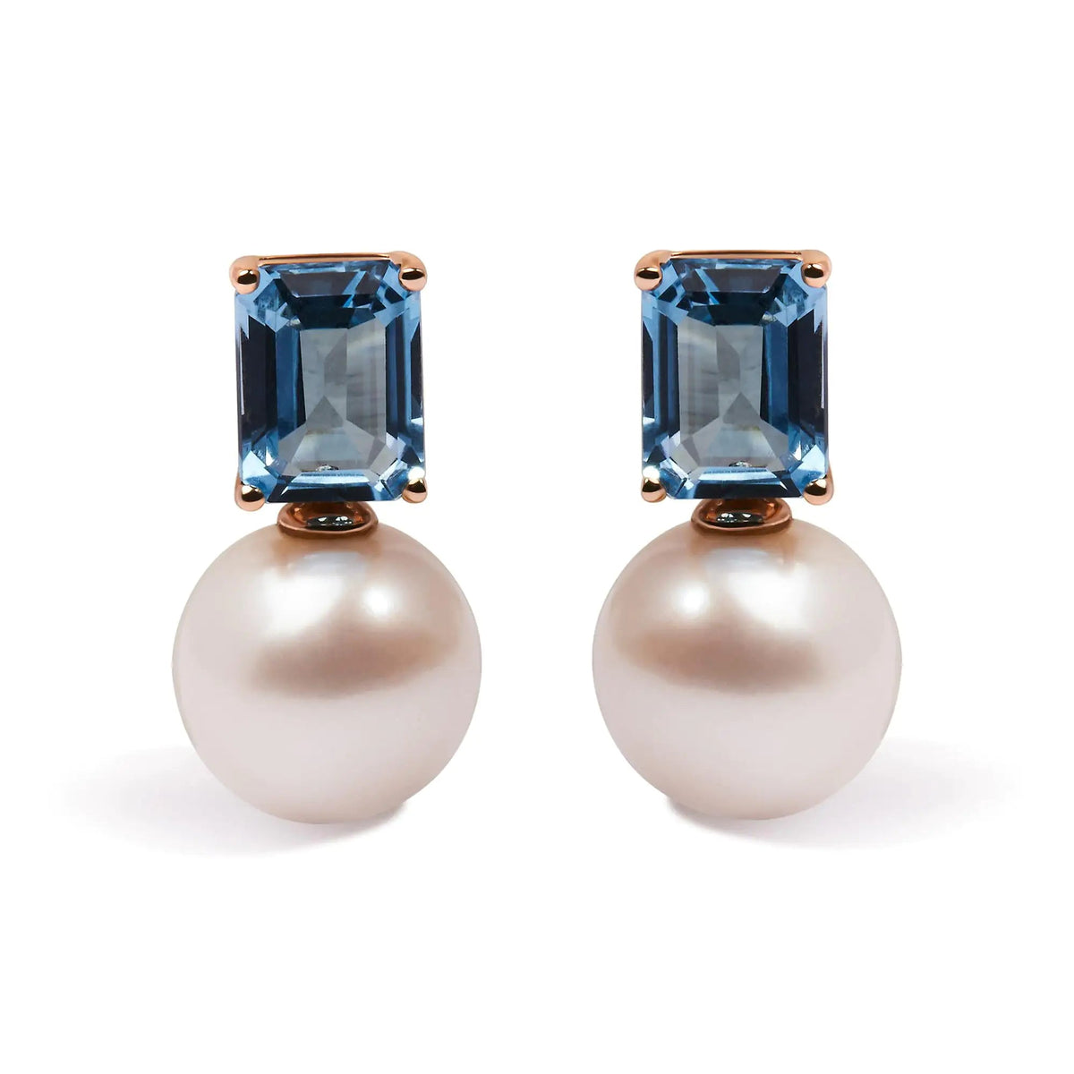 14K Rose Gold 10MM Cultured Freshwater Pearl and 8x6mm Octagon Swiss Blue Topaz Drop Earrings - Rieworkes