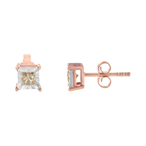 14K Rose Gold Plated Two - Tone .925 Sterling Silver 1/2 Cttw Princess - Cut Square Diamond Solitaire Miracle - Plate Stud Earrings (K - L Color, I2 - I3 Clarity) - Rieworkes