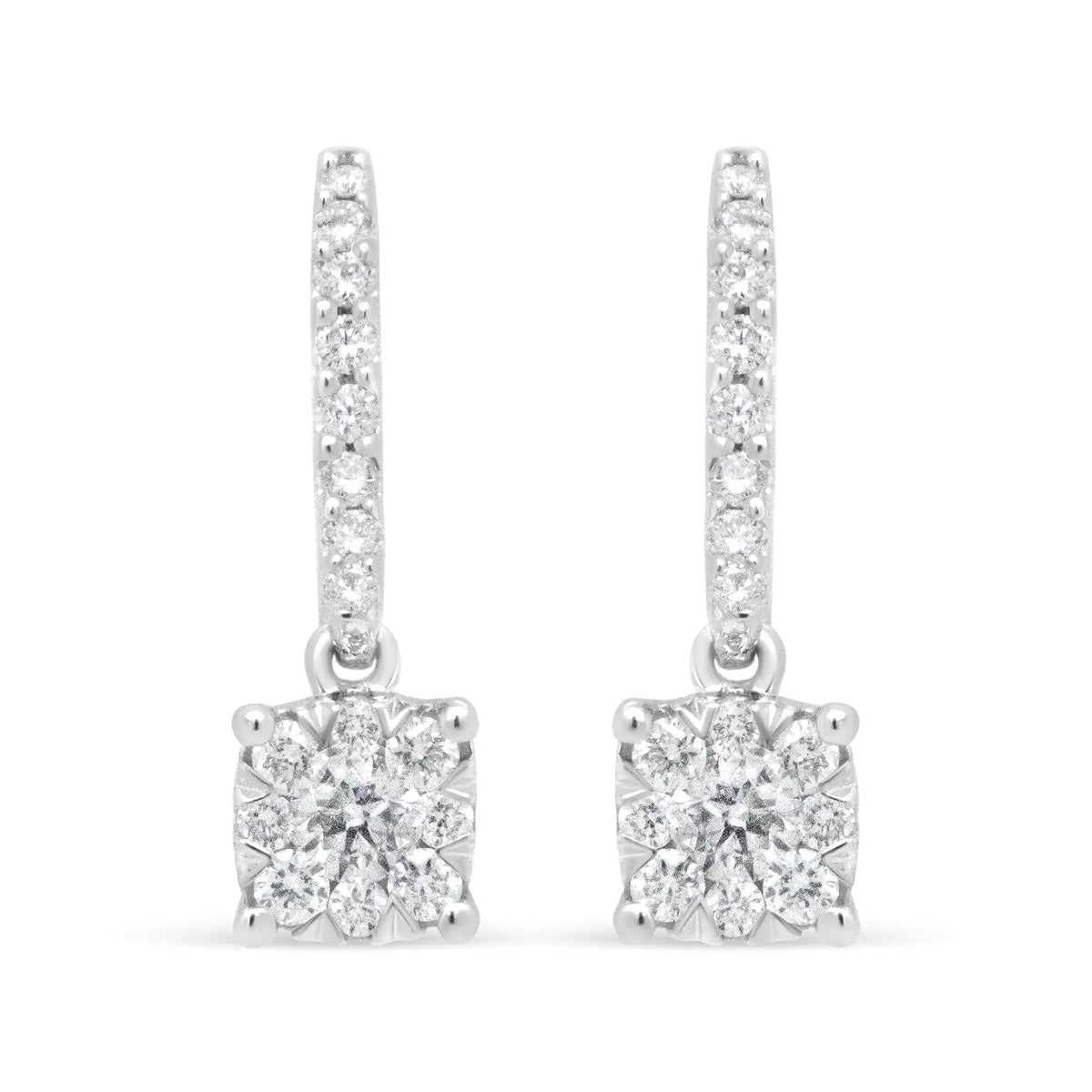 14K White 1/2 Cttw Round Diamond Halo Dangle Hook Earring - (H - I Color, SI2 - I1 Clarity) - Rieworkes