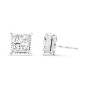 14K White Gold 1 1/2 Cttw Invisible Set Princess - Cut Diamond Contemporary Wavy Quad Stud Earrings (I - J Color, I1 - I2 Clarity) - Rieworkes