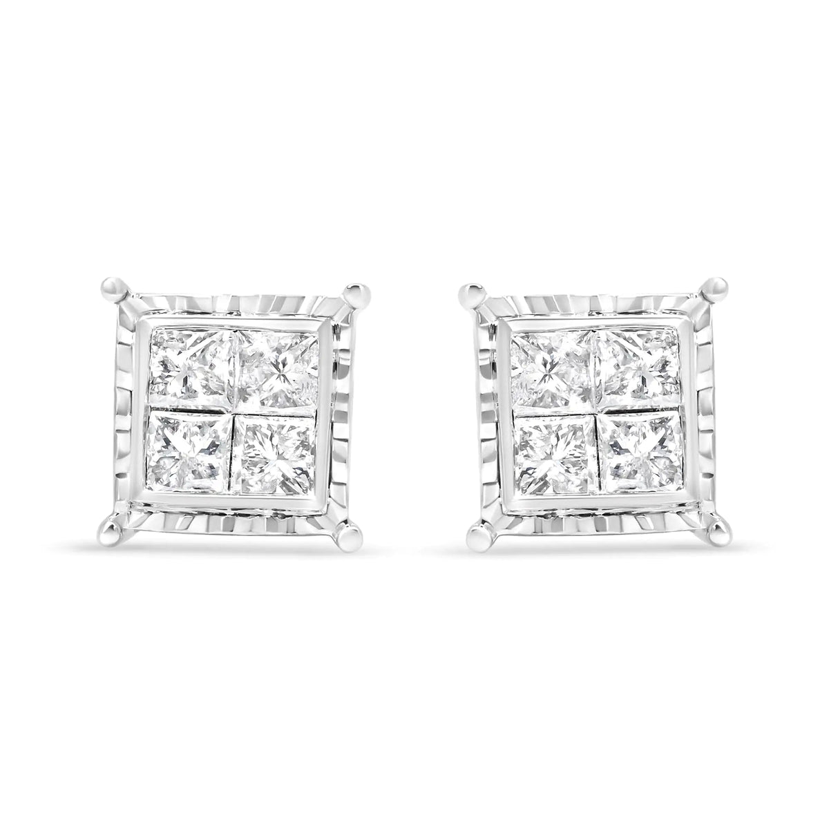 14K White Gold 1 1/2 Cttw Invisible Set Princess - Cut Diamond Contemporary Wavy Quad Stud Earrings (I - J Color, I1 - I2 Clarity) - Rieworkes