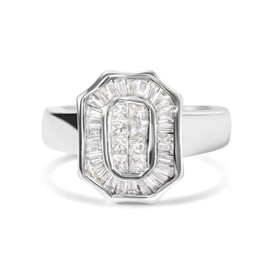 14K White Gold 1.00 Cttw Baguette and Princess - Cut Diamond Cocktail Art Deco Style Ring (H - I Color, SI1 - SI2 Clarity) - Rieworkes