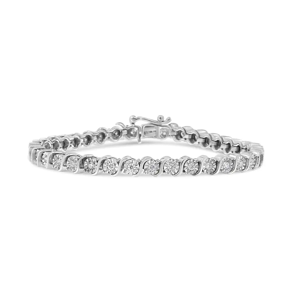 14K White Gold 1.00 Cttw Lab Grown Diamond Round Miracle Plate and &quot;S&quot; Link Tennis Bracelet (F - G Color, VS2 - SI1 Clarity) Size 7&quot; - Rieworkes