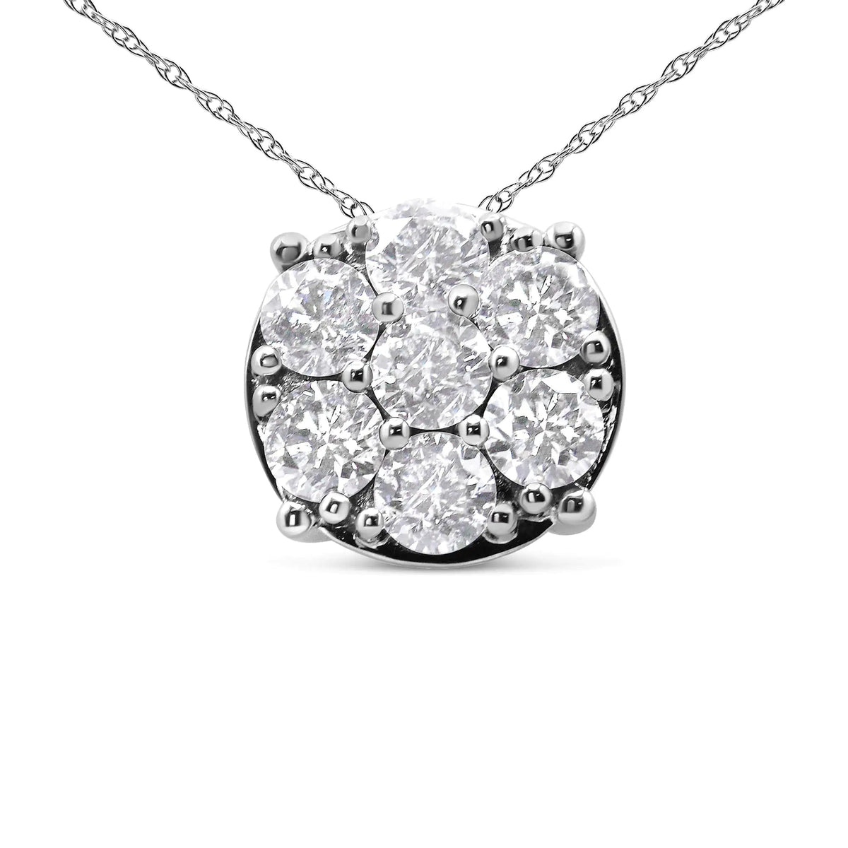 14K White Gold 2 1/3 Cttw Diamond 7 Stone Floral Cluster 18&quot; Pendant Necklace (H - I Color, I1 - I2 Clarity) - Rieworkes