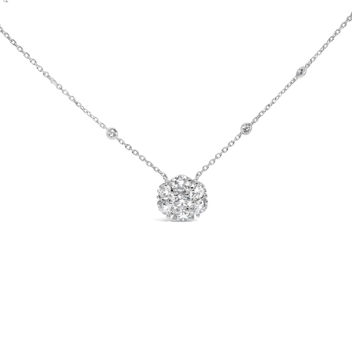 14K White Gold 3.0 Cttw Lab Grown Diamond Floral Cluster and Station 18&quot; Pendant Necklace (G - H Color, VS2 - SI1 Clarity) - Rieworkes