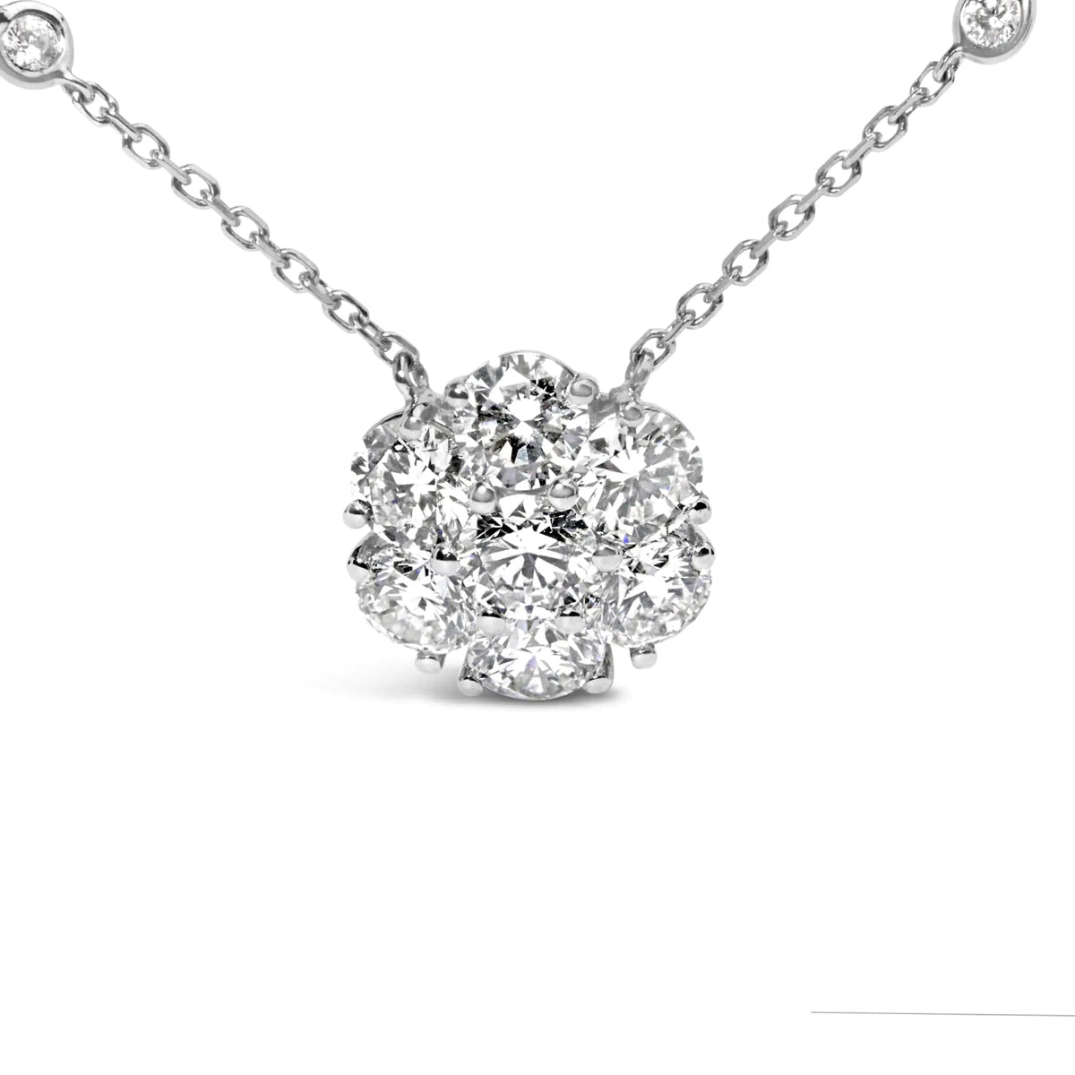 14K White Gold 3.0 Cttw Lab Grown Diamond Floral Cluster and Station 18&quot; Pendant Necklace (G - H Color, VS2 - SI1 Clarity) - Rieworkes