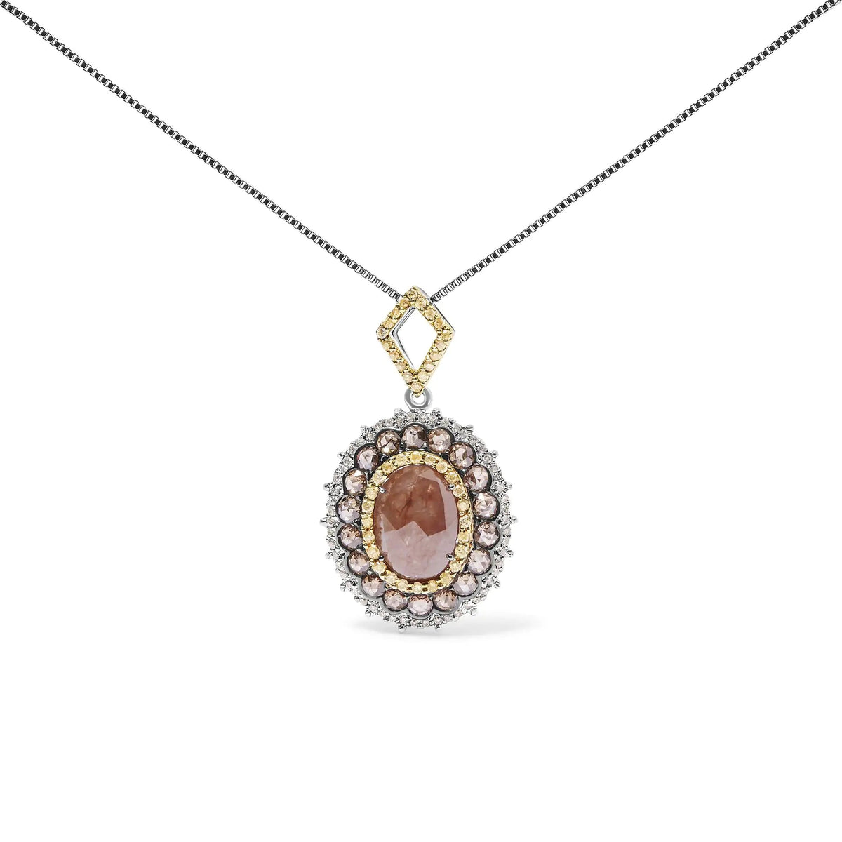 14K White Gold 3.00 Cttw Rose Cut Fancy Colored Diamond Triple Halo 18&quot; Inch Pendant Necklace (Fancy Color, I2 - I3 Clarity) - Rieworkes