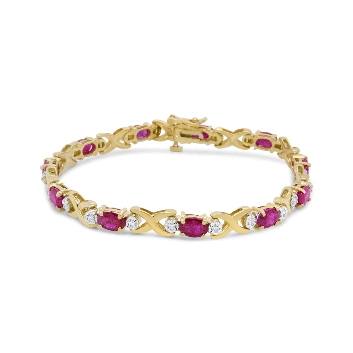 14K Yellow Gold 1/4 Cttw Diamond and Oval Red Ruby Alternating X Link Bracelet (I - J Color, I3 Clarity) - Rieworkes