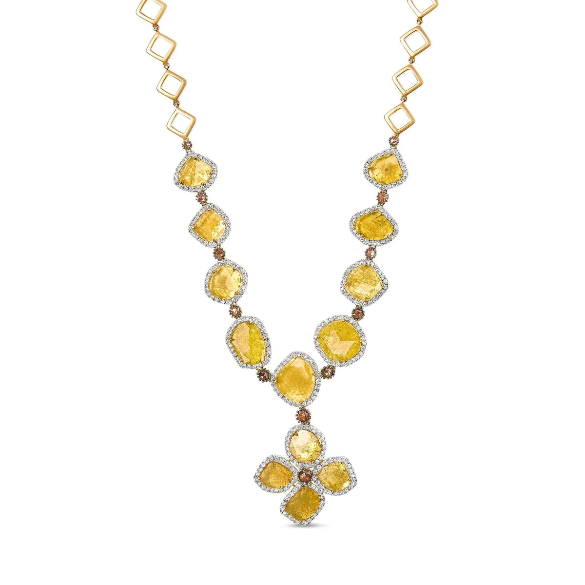14K Yellow Gold 16 7/8 Cttw Fancy Yellow Rose Cut Diamond 16&quot; Collar Necklace with 4 Leaf Clover Drop (Fancy Yellow/I - J Color, I1 - I2 Clarity) - Rieworkes