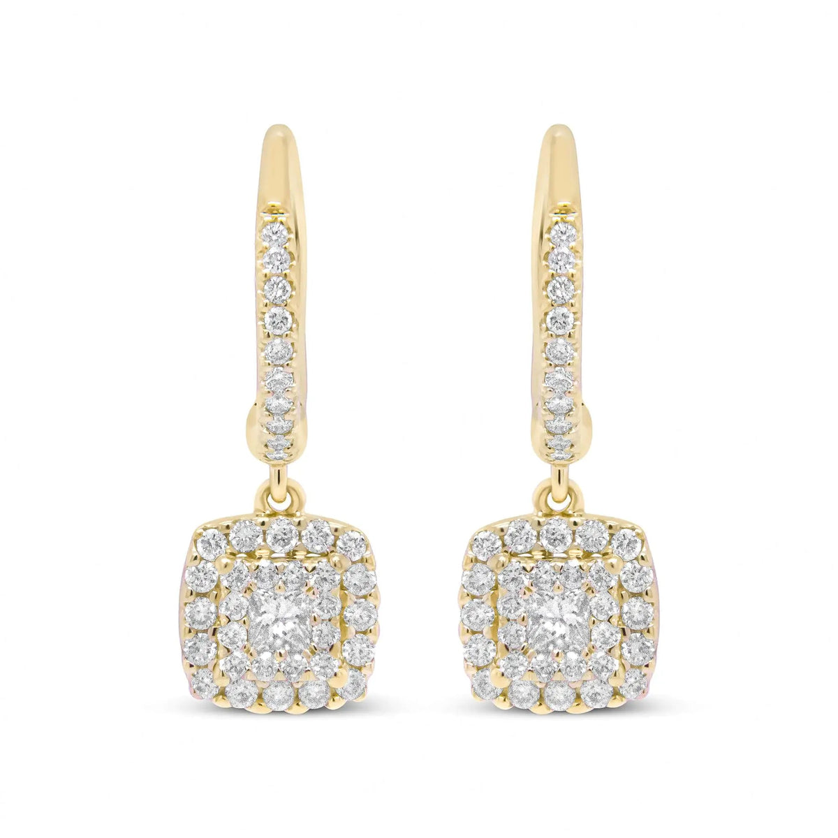 14K Yellow Gold 5/8 Cttw Invisible - Set Princess Diamond Square Halo Dangle Earring (H - I Color, SI1 - SI2 Clarity) - Rieworkes