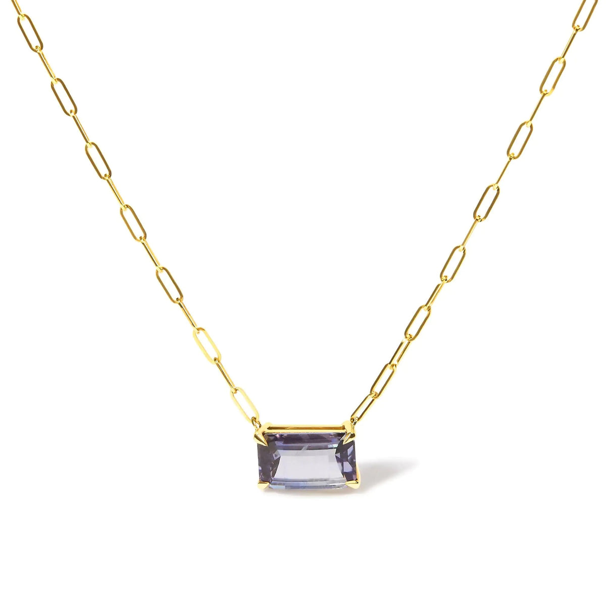 14K Yellow Gold Natural 2 7/8 Cttw Pixel Cut Emerald Bicolor Tanzanite Pendant Necklace with Paperclip Chain - 18 Inches - Rieworkes