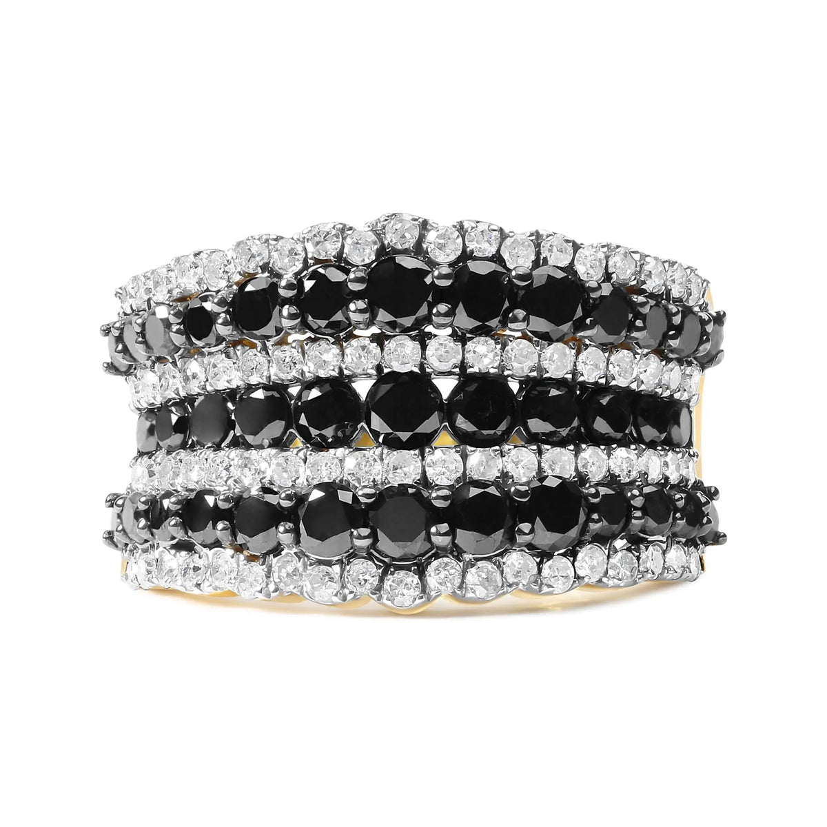 14K Yellow Gold Plated .925 Sterling Silver 1 3/4 Cttw Treated Black and White Alternating Diamond Multi Row Band Ring (Black / I - J Color, I2 - I3 Clarity) - Rieworkes