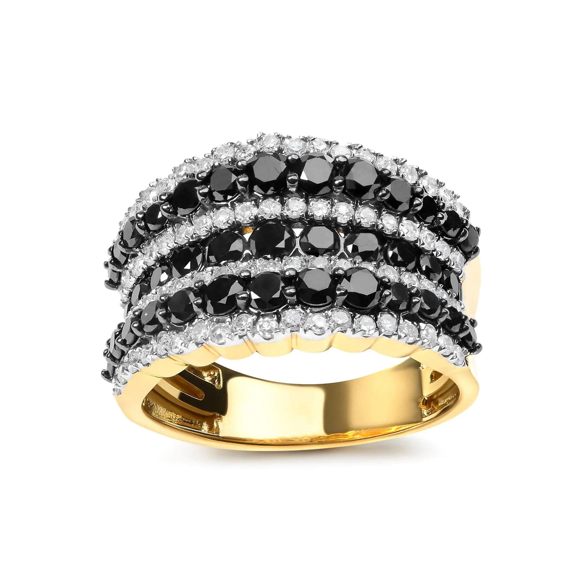 14K Yellow Gold Plated .925 Sterling Silver 1 3/4 Cttw Treated Black and White Alternating Diamond Multi Row Band Ring (Black / I - J Color, I2 - I3 Clarity) - Rieworkes