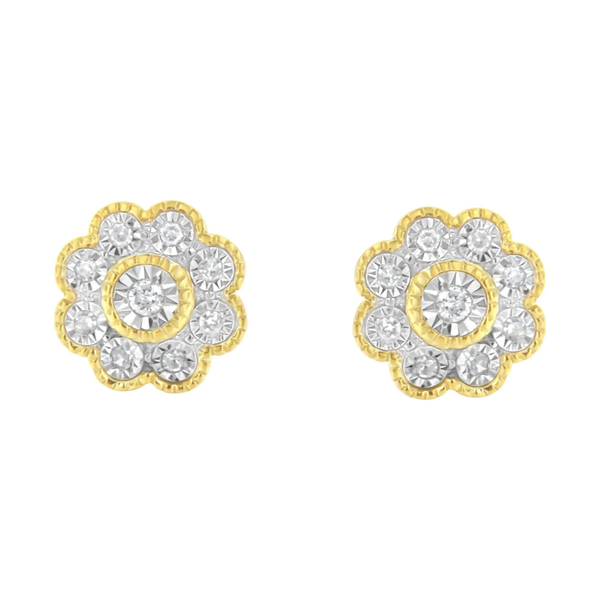 14K Yellow Gold Plated .925 Sterling Silver 1/6 Cttw Miracle - Plate Set Diamond Floral Stud Earrings (I - J Color, I2 - I3 Clarity) - Rieworkes