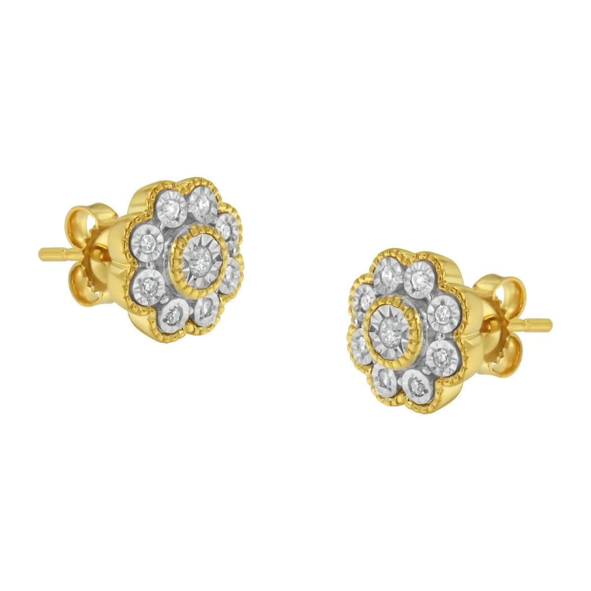 14K Yellow Gold Plated .925 Sterling Silver 1/6 Cttw Miracle - Plate Set Diamond Floral Stud Earrings (I - J Color, I2 - I3 Clarity) - Rieworkes