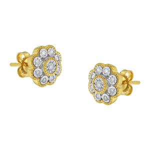 14K Yellow Gold Plated .925 Sterling Silver 1/6 Cttw Miracle - Plate Set Diamond Floral Stud Earrings (I - J Color, I2 - I3 Clarity) - Rieworkes