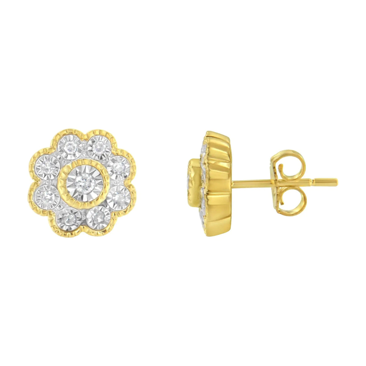 14K Yellow Gold Plated .925 Sterling Silver 1/6 Cttw Miracle - Plate Set Diamond Floral Stud Earrings (I - J Color, I2 - I3 Clarity) - Rieworkes