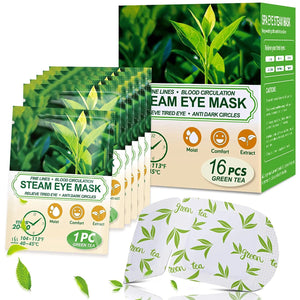 16 Packs Steam Eye Masks for Dry Eyes, Green Tea Warm Eye Mask, Relief Eye Fatigue Hot Sleep Eye Mask for Puffy Eyes Mask, Disposable Moist Heating Compress Pads for Sleeping, Self Heated Eye Mask - Rieworkes