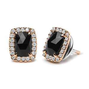 18K Rose and White Gold 1/4 Cttw Round Diamond and 8x6mm Cushion Cut Black Onyx Gemstone Halo Stud Earrings (G - H Color, SI1 - SI2 Clarity) - Rieworkes