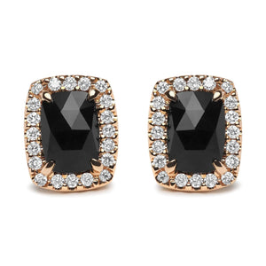 18K Rose and White Gold 1/4 Cttw Round Diamond and 8x6mm Cushion Cut Black Onyx Gemstone Halo Stud Earrings (G - H Color, SI1 - SI2 Clarity) - Rieworkes