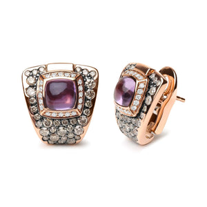 18K Rose Gold 1 1/2 Cttw Round Diamond and 7mm Cushion Cut Purple Amethyst Gemstone Geometrical Statement Stud Earrings (Brown and G - H Color, SI1 - SI2 Clarity) - Rieworkes