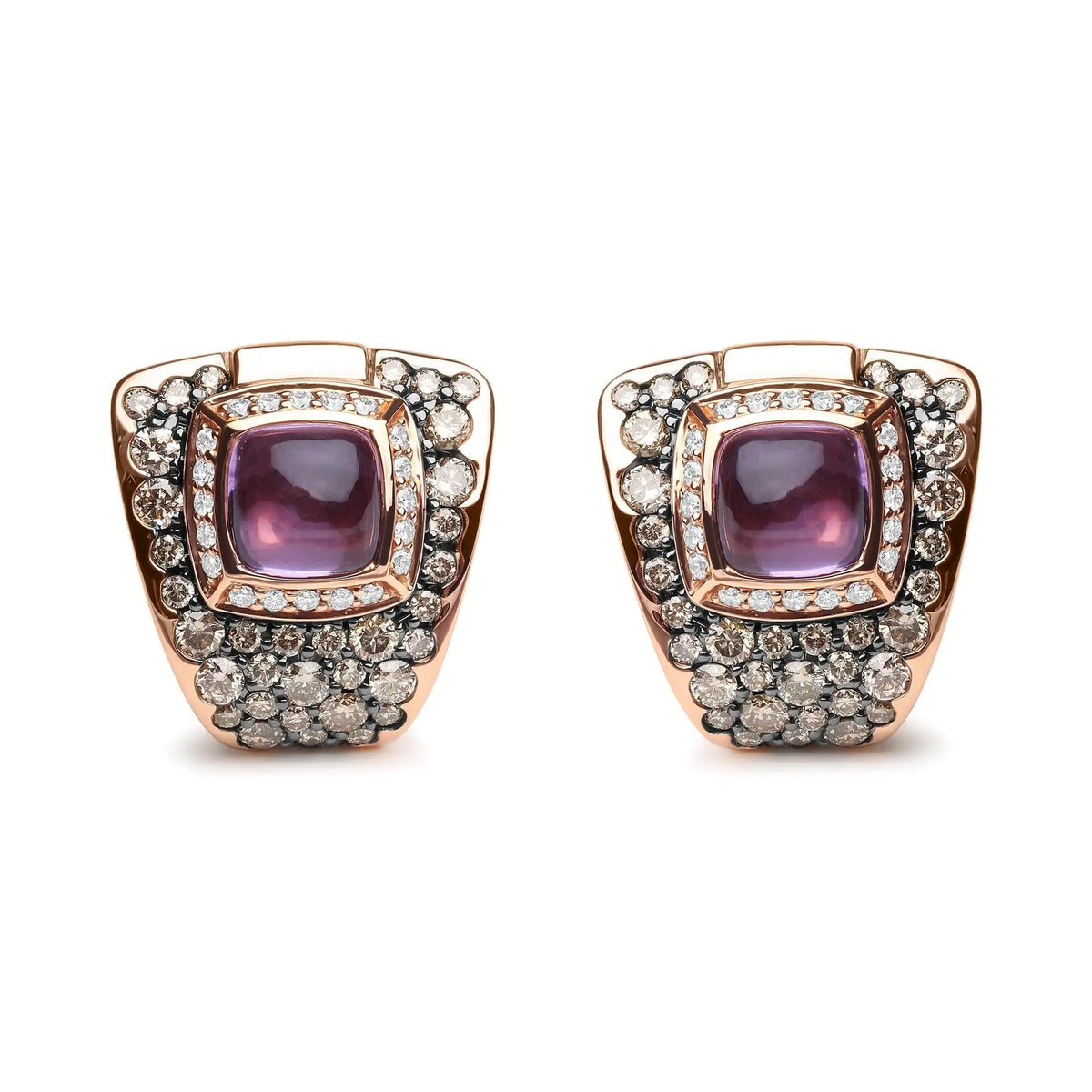 18K Rose Gold 1 1/2 Cttw Round Diamond and 7mm Cushion Cut Purple Amethyst Gemstone Geometrical Statement Stud Earrings (Brown and G - H Color, SI1 - SI2 Clarity) - Rieworkes