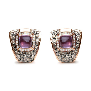 18K Rose Gold 1 1/2 Cttw Round Diamond and 7mm Cushion Cut Purple Amethyst Gemstone Geometrical Statement Stud Earrings (Brown and G - H Color, SI1 - SI2 Clarity) - Rieworkes