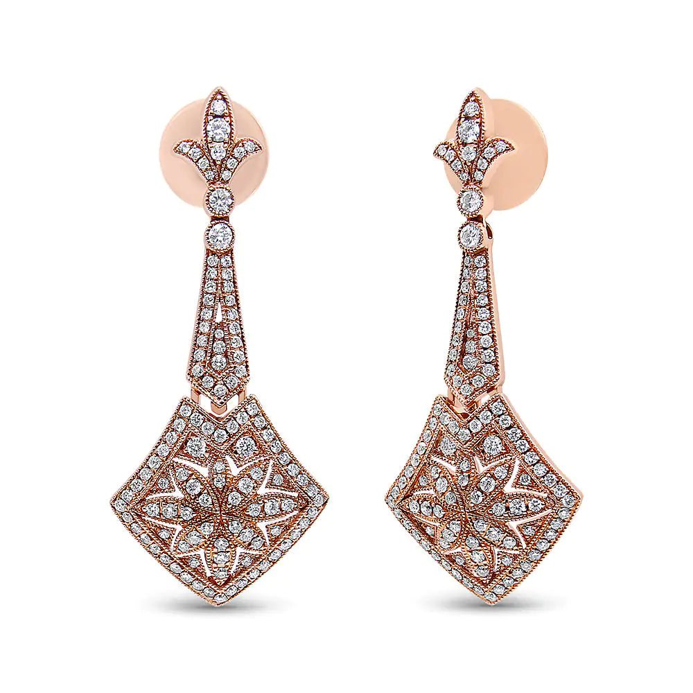 18K Rose Gold 1 1/3 Cttw Diamond Studded Fleur De Lis Trellis Style Drop and Dangle Earring (F - G Color, VS1 - VS2 Clarity) - Rieworkes