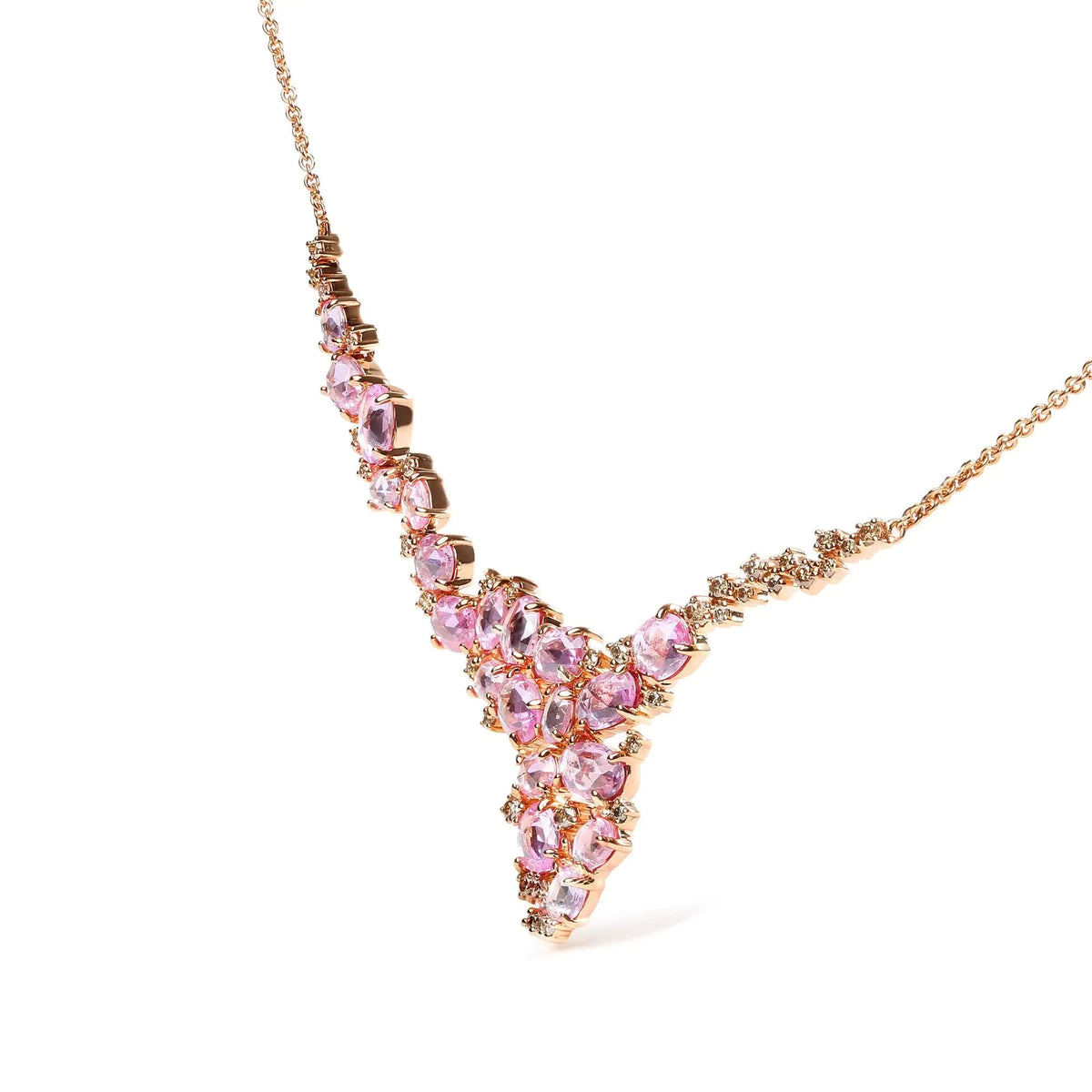 18K Rose Gold 1/2 Cttw Brown Diamond and Multi - Size Oval Pink Sapphire Cluster Cascade Statement Station Necklace (Brown Color, SI1 - SI2 Clarity) - Adjustable up to 14&quot; to 16&quot; - Rieworkes