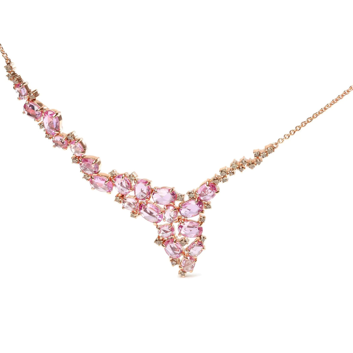 18K Rose Gold 1/2 Cttw Brown Diamond and Multi - Size Oval Pink Sapphire Cluster Cascade Statement Station Necklace (Brown Color, SI1 - SI2 Clarity) - Adjustable up to 14&quot; to 16&quot; - Rieworkes