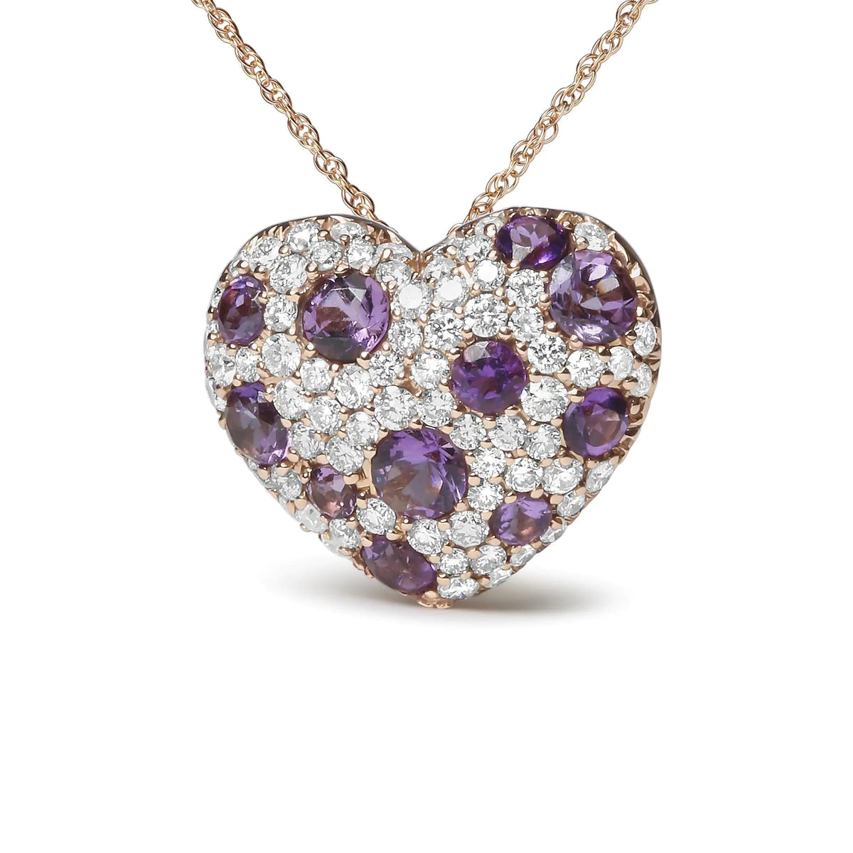 18K Rose Gold 3/4 Cttw Diamond and Purple Amethyst Cluster Heart Shape 18&quot; Pendant Necklace (G - H Color, SI1 - SI2 Clarity) - Rieworkes
