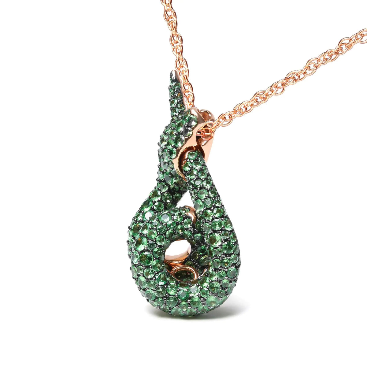 18K Rose Gold Round Green Tsavorite Gemstone Cluster Spiral Snake Design 18&quot; Pendant Necklace (AAA+ Quality) - Rieworkes