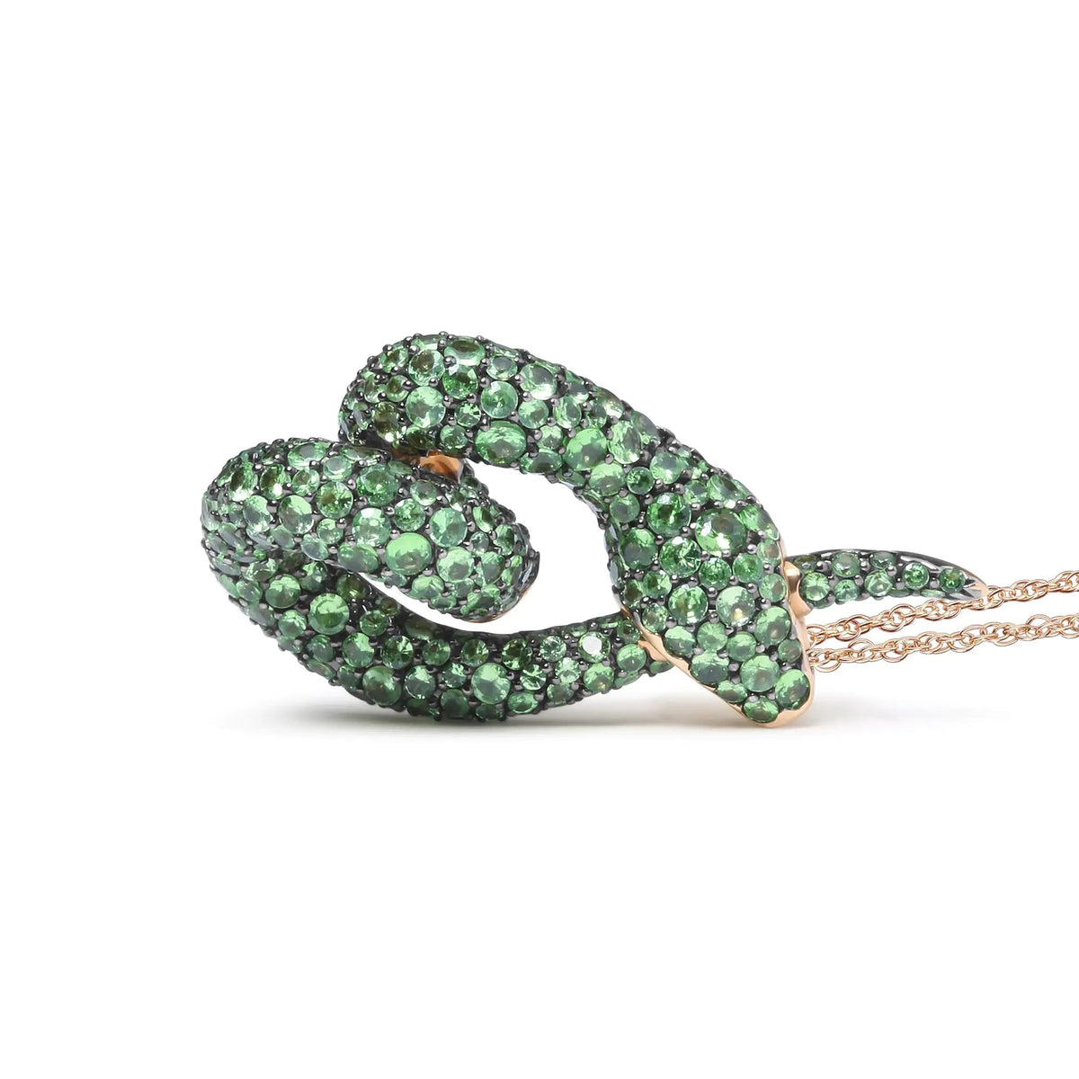 18K Rose Gold Round Green Tsavorite Gemstone Cluster Spiral Snake Design 18&quot; Pendant Necklace (AAA+ Quality) - Rieworkes