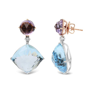 18K White and Rose Gold 1/5 Cttw Diamond with Round Pink Rose De France Amethyst and 25mm Cushion Cut Sky Blue Topaz Gemstone Dangle Earring (G - H Color, SI1 - SI2 Clarity) - Rieworkes