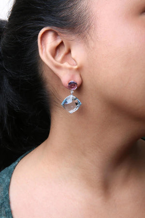 18K White and Rose Gold 1/5 Cttw Diamond with Round Pink Rose De France Amethyst and 25mm Cushion Cut Sky Blue Topaz Gemstone Dangle Earring (G - H Color, SI1 - SI2 Clarity) - Rieworkes