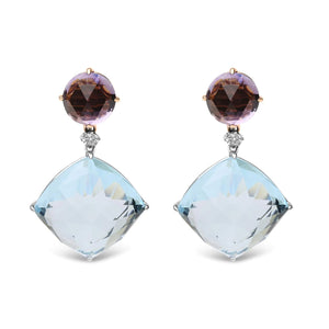 18K White and Rose Gold 1/5 Cttw Diamond with Round Pink Rose De France Amethyst and 25mm Cushion Cut Sky Blue Topaz Gemstone Dangle Earring (G - H Color, SI1 - SI2 Clarity) - Rieworkes