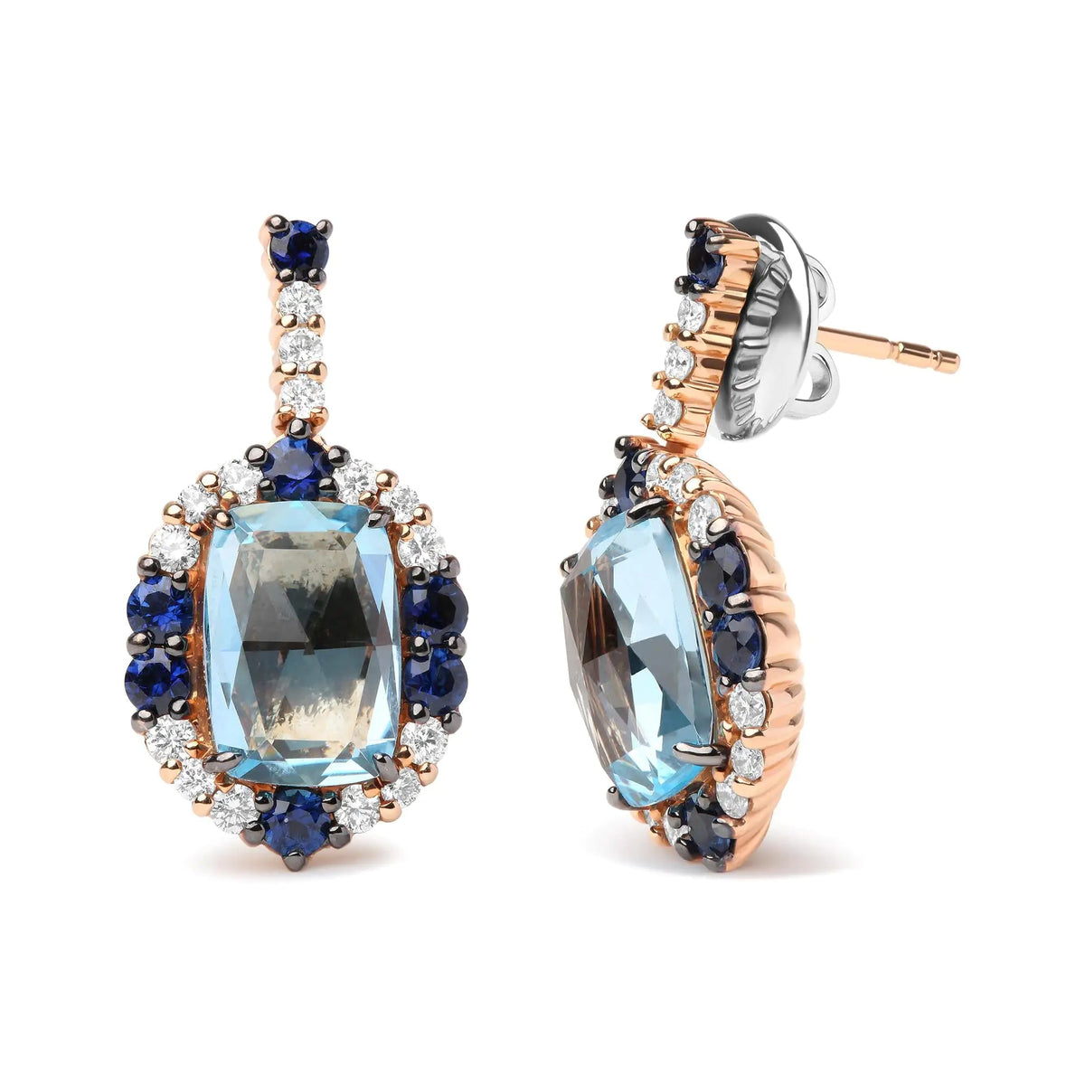 18K White and Rose Gold and 3/4 Cttw Diamond with Round Blue Sapphire and 13x8mm Cushion Cut Sky Blue Topaz Gemstone Cluster Dangle Earrings (G - H Color, SI1 - SI2 Clarity) - Rieworkes