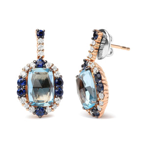 18K White and Rose Gold and 3/4 Cttw Diamond with Round Blue Sapphire and 13x8mm Cushion Cut Sky Blue Topaz Gemstone Cluster Dangle Earrings (G - H Color, SI1 - SI2 Clarity) - Rieworkes