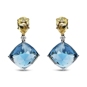 18K White and Yellow Gold 1/5 Cttw Diamond with Pear Cut Lemon Quartz, and Cushion Cut London Blue Topaz Gemstone Dangle Earring (G - H Color, SI1 - SI2 Clarity) - Rieworkes