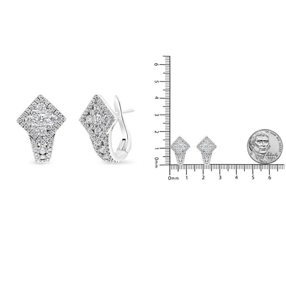 18K White Gold 1 1/10 Cttw Round Diamond Cluster with Halo Hoop Huggie Earring (F - G Color, VS1 - VS2 Clarity) - Rieworkes