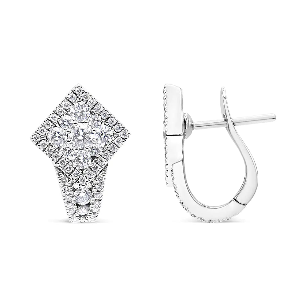 18K White Gold 1 1/10 Cttw Round Diamond Cluster with Halo Hoop Huggie Earring (F - G Color, VS1 - VS2 Clarity) - Rieworkes