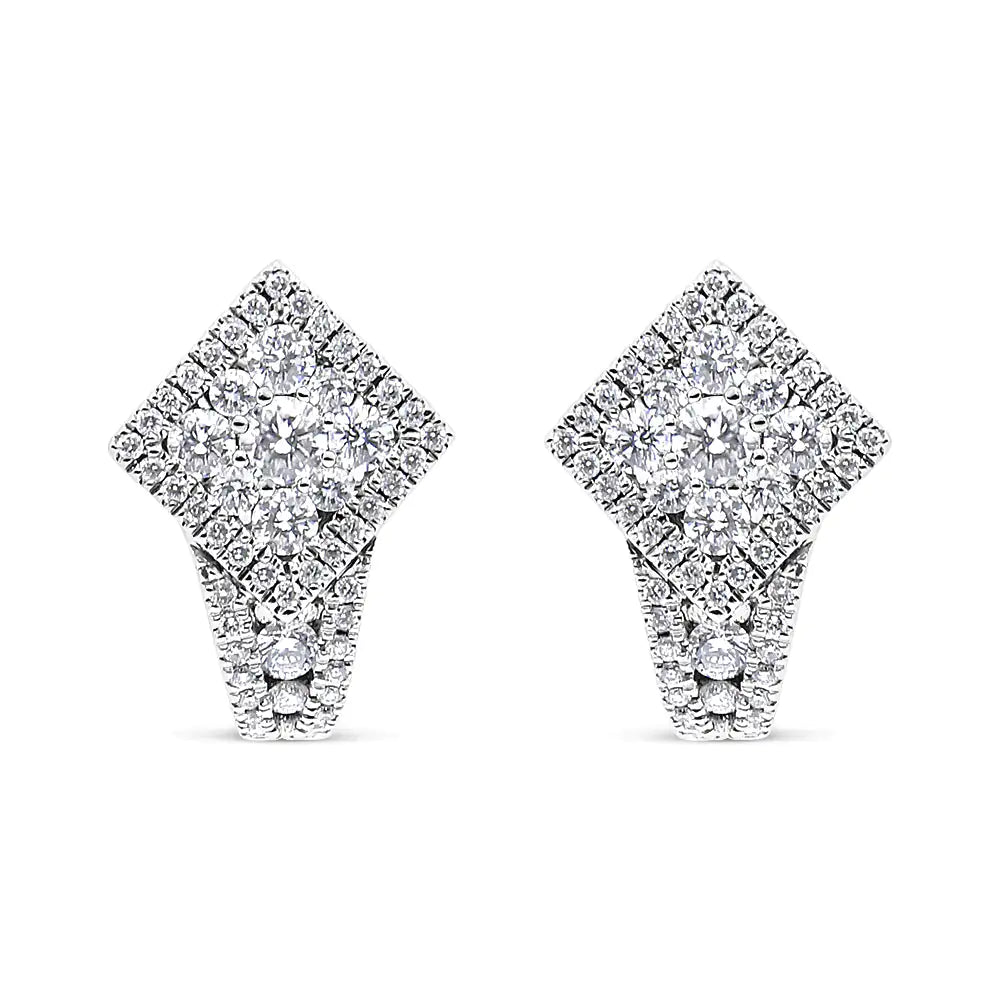 18K White Gold 1 1/10 Cttw Round Diamond Cluster with Halo Hoop Huggie Earring (F - G Color, VS1 - VS2 Clarity) - Rieworkes